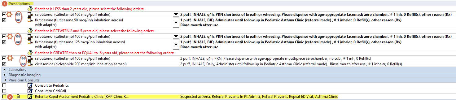 Peds Asthma powerplan with prescriptions grouped by age and RAP Clinic referral
